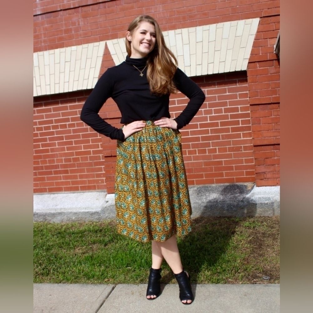 J. Crew Ratti Green Yellow Elephant Print Black Filigree Pleated Midi Skirt 8